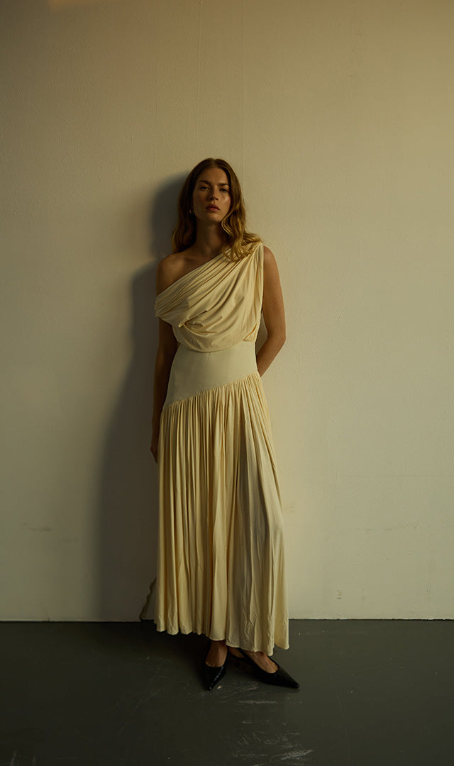 off shoulder draped dress Off-the-Shoulder Draped Neckline Maxi Dress in Midnight Navy (Blue)