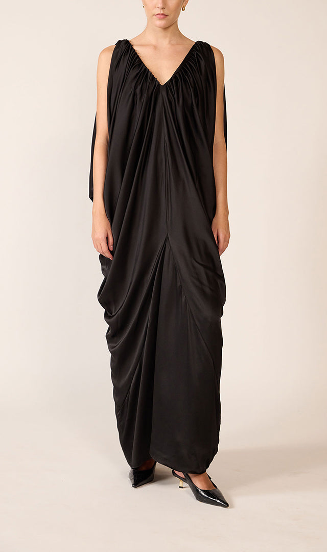 V Neck Drape Dress in Black