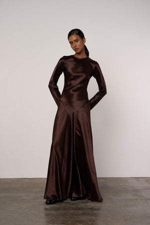 abadia yara paneled hammered satin maxi dress Abadia Yara Paneled Hammered-Satin Maxi Dress in Brown