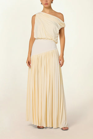 Gwen Off Shoulder Drape Dress in Cream Abadia Gwen Off Shoulder Drape Dress in Cream Abadia
