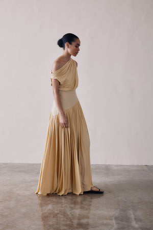 Gwen Off Shoulder Drape Dress in Yellow