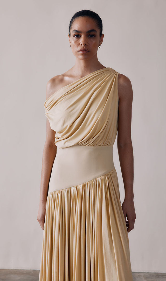Gwen Off Shoulder Drape Dress in Yellow