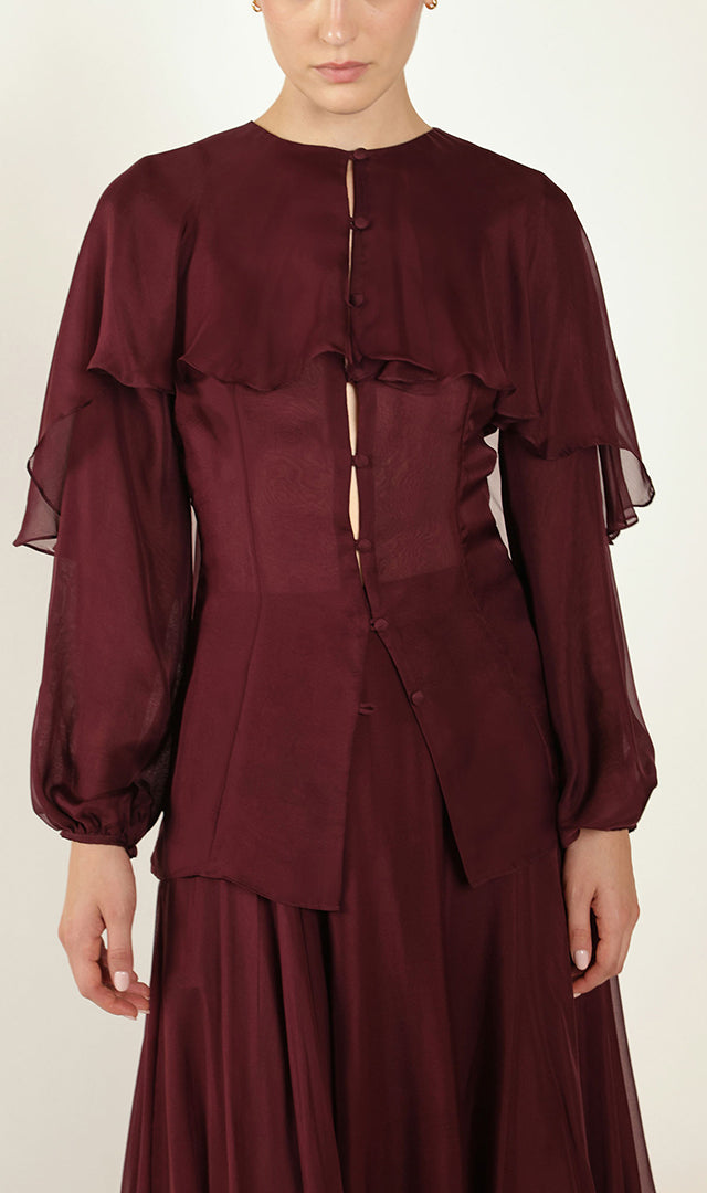 Cape Blouse in Silk in Maroon