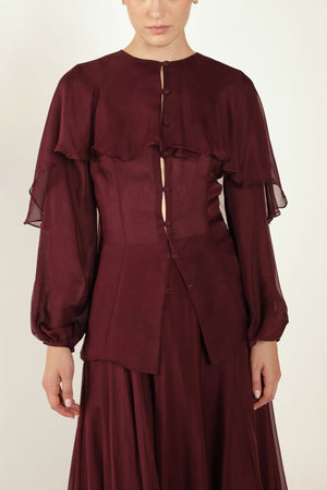 Cape Blouse in Silk in Maroon