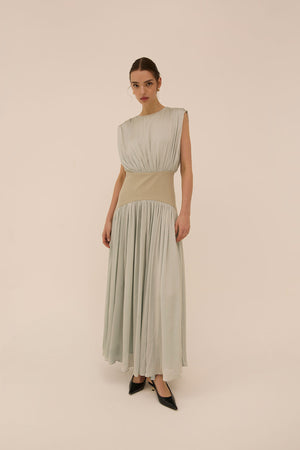 abadia suri paneled twill and crinkled voile maxi dress Abadia Suri Twill-Paneled Georgette Maxi Dress in White
