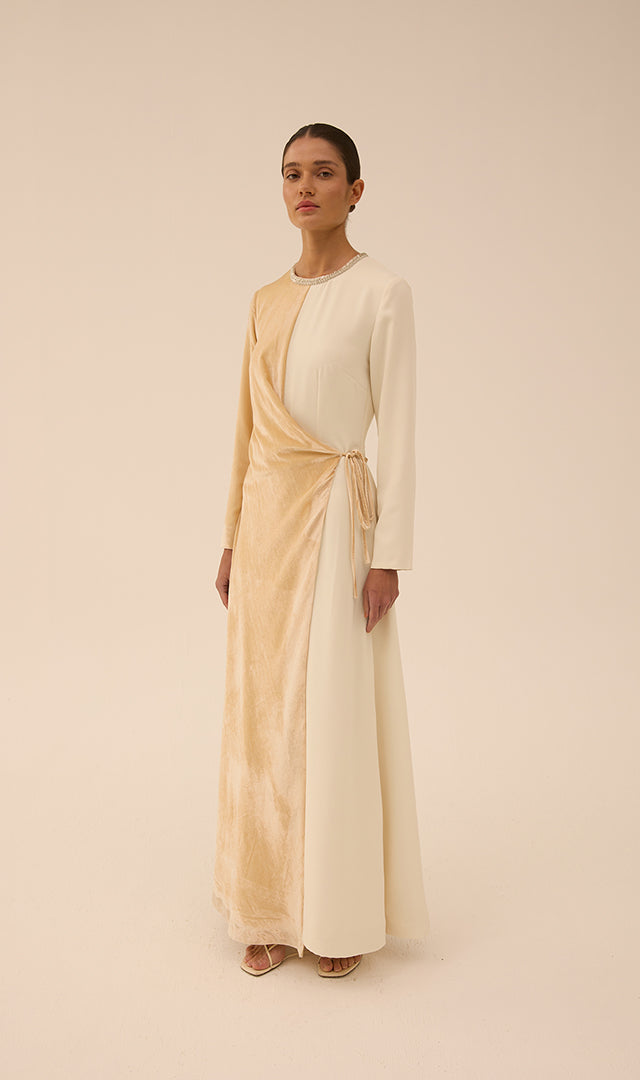 Tie Waist Velvet Dress in Cream