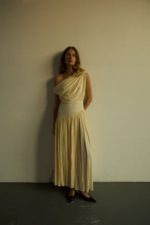 drape off shoulder dress PrettyLittleThing Women's Double Layer Slinky Off Shoulder Drape Maxi Dress in Almond