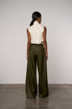 Wide Leg Pocket Detail Pants in Olive - Abadia 